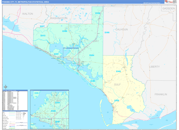 Panama City Metro Area Wall Map Color Cast Style